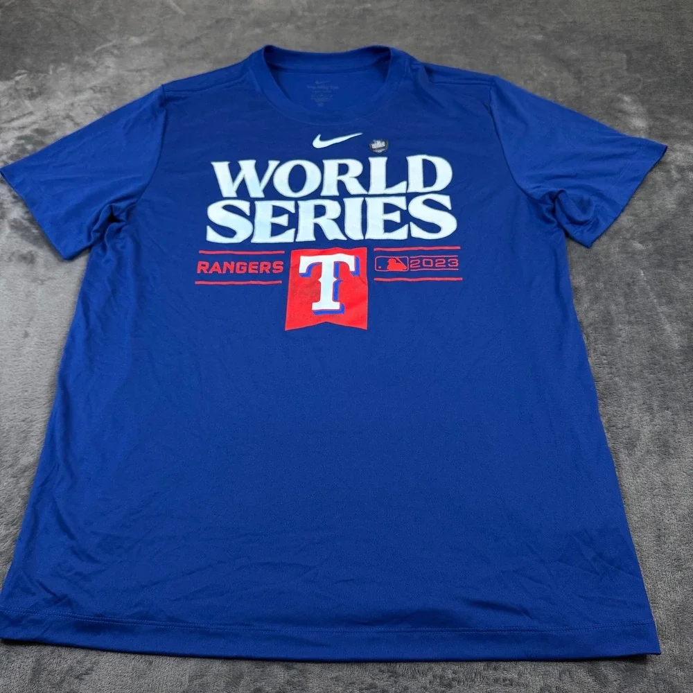Nike Texas Rangers World Series T Shirt Mens Large Blue Dri Fit Graphic Tee